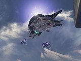 A Phantom escorted by two Banshees on Installation 00 in Halo 3.