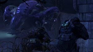 NOBLE Team's Recon Team Bravo (Jun-A266 and SPARTAN-B312) during Mission to Szurdok Ridge, as seen in Halo: Reach campaign level Nightfall.