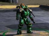 Sergeant Johnson wearing the HRUNTING/YGGDRASIL Mark I (J) Green Machine suit on the map, Vault in Halo Wars 2.