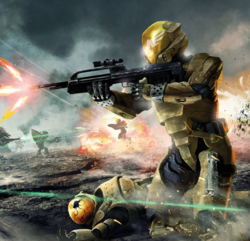 Cropped artwork of Alpha Company Spartan-IIIs fighting on K7-49 during Operation: PROMETHEUS.