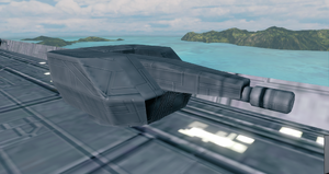 An M956 Fortress PDG on the cinematic model for UNSC Infinity. This screenshot was taken by spawning the storm_infinity tag in the Halo 4 Editing Kit.