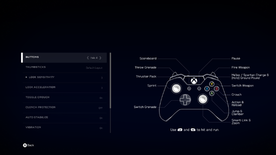 A screenshot of "Buttons" set to "Halo 4" in the Halo 5: Forge settings menu.Behind the game pause menu is pitch black.