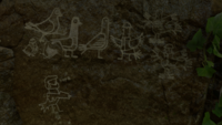 The cave painting featuring various styles of pigeons.
