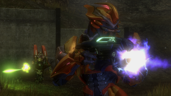 A Sangheili Officer firing a Nakata'vho-pattern plasma repeater and an Unggoy Major firing an Eos'Mak-pattern plasma pistol in Visegrád. From Halo: Reach campaign level Winter Contingency.
