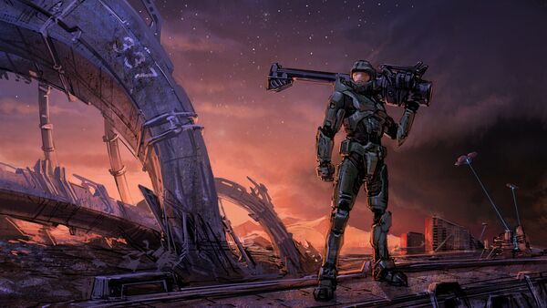 Concept art of Master Chief in the ruins of the Mombasa Tether.