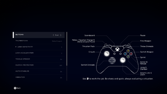 A screenshot of "Buttons" set to "Boxer" in the Halo 5: Forge settings menu.Behind the game pause menu is pitch black.