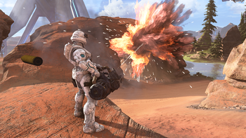 A Zvezda-clad Spartan firing a Scorpion Tail (a modified Grenflekt Workshop Scrap Cannon) on Oasis.