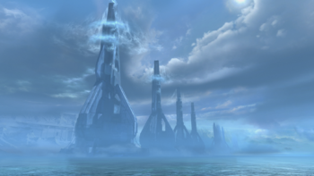 Forerunner weather spires on a Halo array, as seen in on Halo: Reach multiplayer map Tempest.