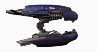 A Halo Reach Beta render of the plasma rifle, showing a red-purple hue reminiscent of the Halo 3 version. This is not present in the final game.