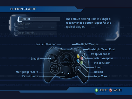 A screenshot of "Button Layout" set to "Default" in the Halo 2 (Xbox) (USA, Europe) settings menu.Note: The screenshot was taken from the emulator Xemu.