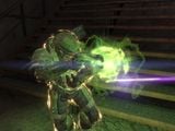 A SPARTAN-III's energy shields flicker while taking damage from a Type-33 Needler projectile.