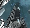 A low-angle view of Traxus Tower from the cargo port side.