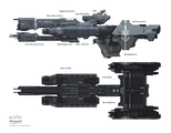 UNSC Andraste concept art for Halo 3, falsely labelling the M870 Rampart PDGs as railgun turrets.