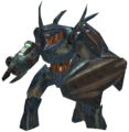 An in-game view of the Mgalekgolo in combat stance in Halo 2.