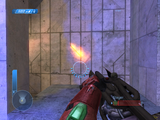 The flamethrower firing in first-person.