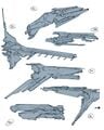 Halo 4 concept explorations for Forerunner spacecraft, featuring a design later reused as the basis for the raptor illustration in the Halo Encyclopedia (2022 edition).