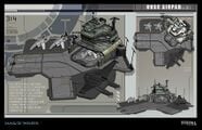 An early concept art image of the UNSC airpad. Note the Falcons on the runway and one in the hangar, and a B-65 Shortsword docked with its wings retracted.