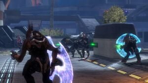 UNSC Marines surrounded by a Kig-Yar Major, a Kig-Yar Minor, a Unggoy Major, a Unggoy Minor, and Kig-Yar Snipers in New Mombasa Sector 8. From Halo 3: ODST campaign level Tayari Plaza.