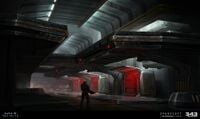Concept art of a room where storage containers are prepared for deploypment.