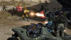 Two members of NOBLE Team (Catherine-B320 and SPARTAN-B312) and a UNSC Army trooper on a M12R Rocket Warthog attacking a Sangheili General and his troops at a Cheru-pattern Tyrant during the Battle at Szurdok Ridge. From Halo: Reach campaign level Tip of the Spear.