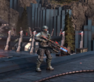 A UNSC marine equipped with a shock rifle.