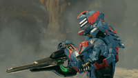 A Venator-clad Spartan wielding a Mosa-pattern carbine in Halo 4.