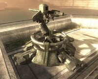 A screenshot of a stationary M68 Gauss cannon on the level ONI Alpha Site.
