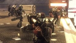 Orbital Drop Shock Troopers from Alpha-Nine (Edward Buck, Kojo Agu, Taylor Miles and Michael Crespo) at NMPD headquarters during Battle of New Mombasa, as seen in the Halo 3: ODST campaign level NMPD HQ.