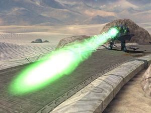 A Covenant Hunter fires its Assault cannon at UNSC forces during the Battle of the Ark. The screenshot was taken in the Halo 3 campaign level The Ark.