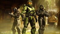 A CE Mark V-clad Spartan flanked by 2 ODST-clad Spartans.