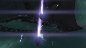 Covenant drop pods being deployed from the Ceudar-pattern heavy corvette Ardent Prayer during Fall of Reach, as seen in the Halo: Reach campaign level Long Night of Solace.