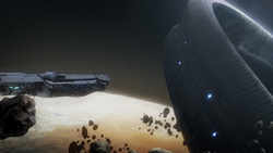 The UNSC Infinity approaches Installation 03, as confirmed on page 349 of the Halo Encyclopedia (2022 edition).
