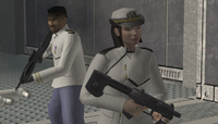 Commander Miranda Keyes (foreground) in white dress, displaying the female design of the peaked cap.
