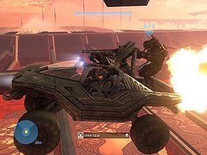 A screenshot of the Life After Death glitch on the level Halo, with Sergeant Johnson alive in the passenger seat of the Warthog.