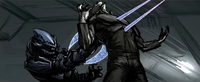 A Sangheili impales a human with a Pelosus-pattern energy swords in Midnight in the Heart of Midlothian motion comic.