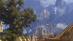 A view of the temple in the Halo Infinite multiplayer map Forbidden.