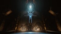 A tank form's sillhouette (far right) among the shadows of various Flood forms on a wall behind Adjutant Repose and a hologram of Offensive Bias from Halo: Still Midnight.