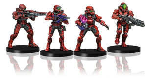 Models of the red-painted Spartans of Fireteam Hydra (as per https://haloflashpoint.manticgames.com/products/fireteam-hydra-spartans-pack/)