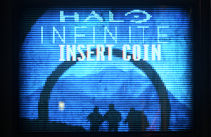 The title screen of the  Halo Infinite arcade game on Streets..