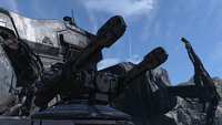 A frontal view of M870 Rampart point defense gun on the UNSC Mortal Reverie in Halo Infinite.